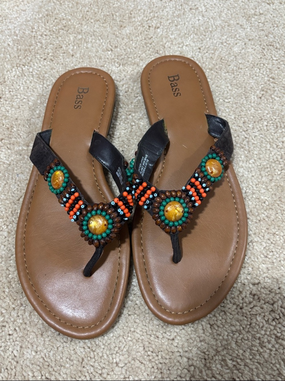Bass Women's Brown Thong Sandals with Turquoise & Orange Bead Accents